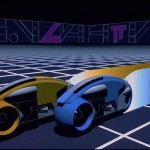 A still of a light-cycle sequence from Tron.