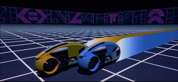 Still of lightcycles in battle from Tron, a video game themed movie from Disney 1982