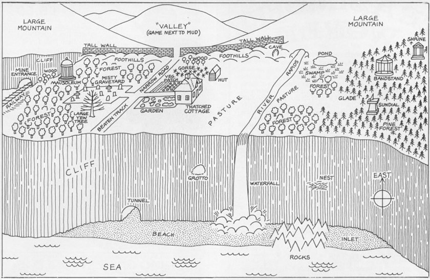Image of a map showing the world of MUD, original online adventure game, 1984