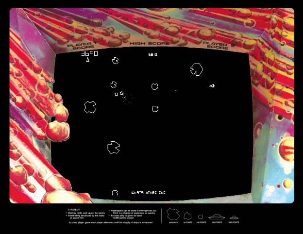 Gameplay image of Asteroids, an arcade video game by Atari 1979