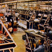 Assembly line filled with Tempest, an arcade video game by Atari