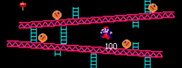 A screenshot from Donkey Kong, a video arcade game by Nintendo, 1981.