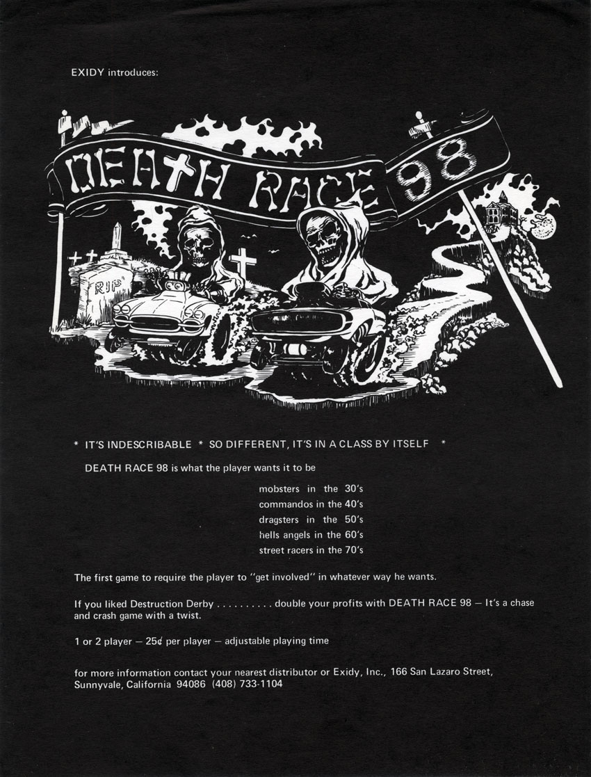 Flyer for Death Race 98, an arcade video game made by Exidy 1978