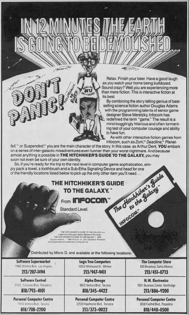 Ad for computer game Hitchhiker's Guide to the Galaxy, by Douglas Adams and Steve Meretzky