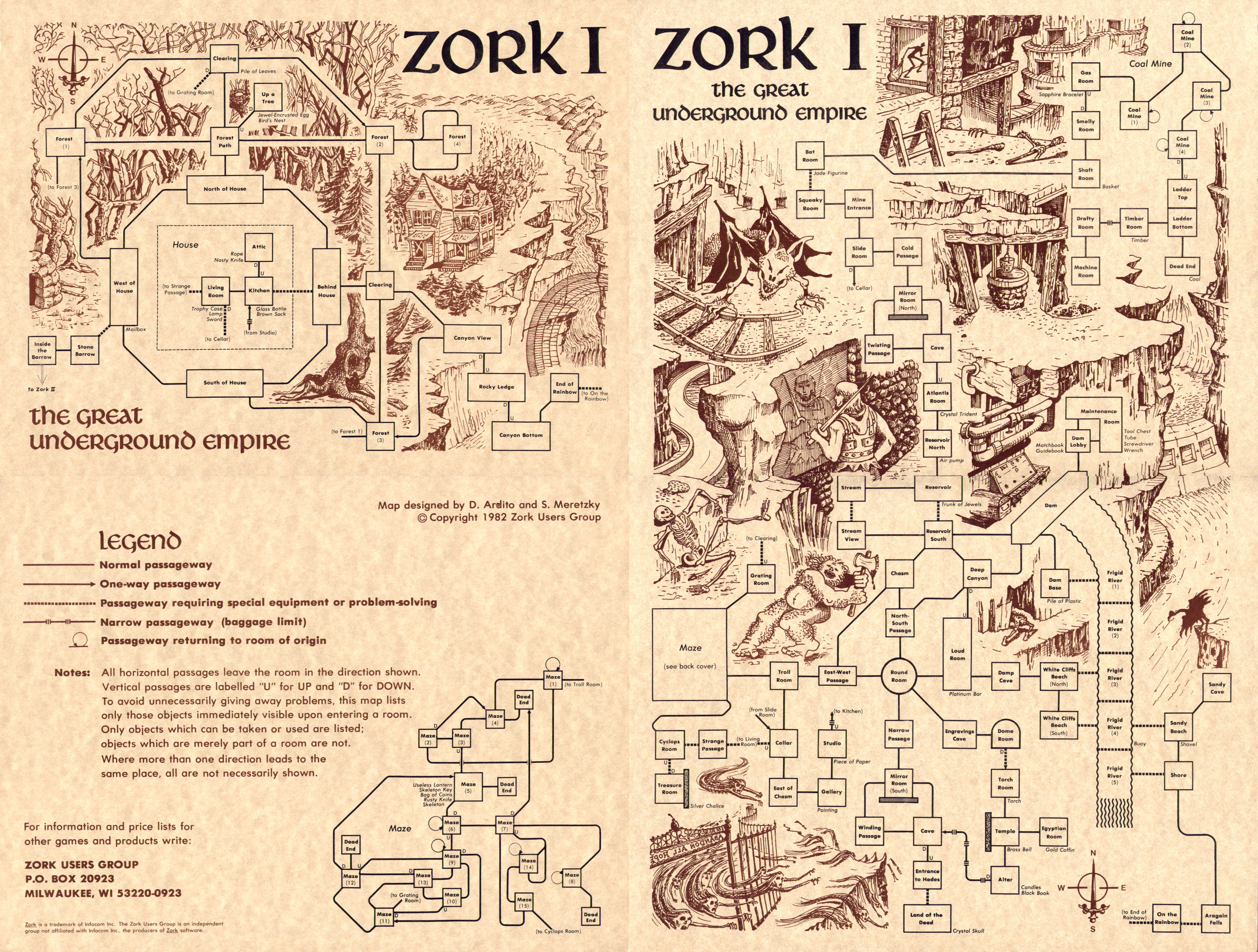 Zork User's Group map of Zork I, a computer adventure game by Infocom