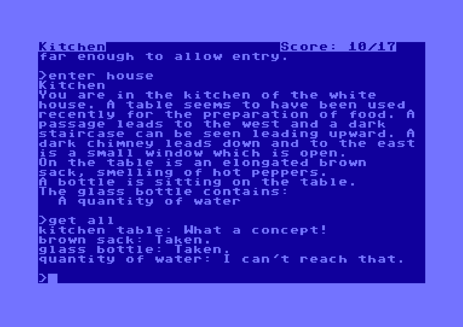 Snap of the Commodore 64 version of Zork I, a computer text adventure game by Infocom 1982