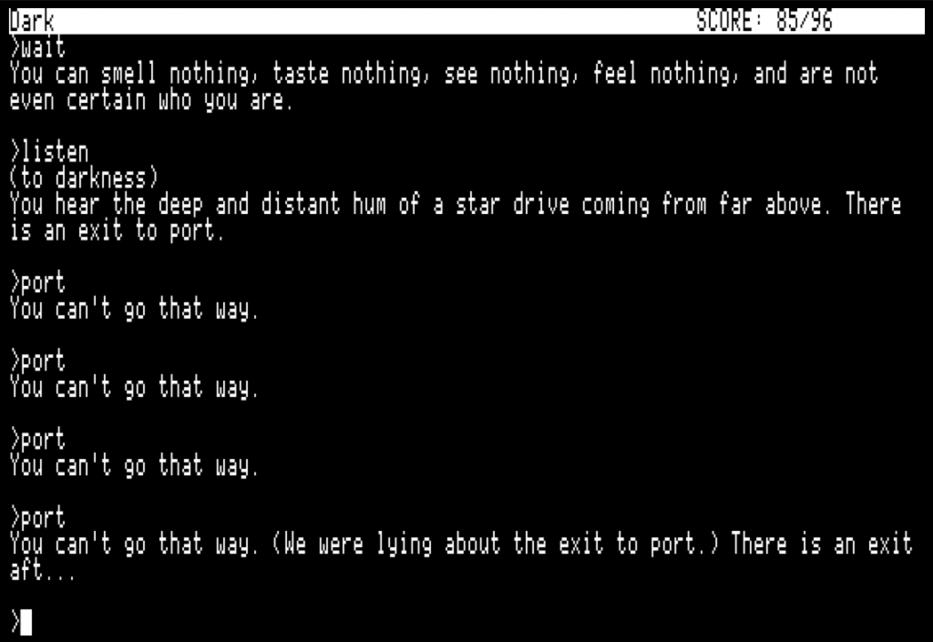 Snap of gameplay from Hitchhiker's Guide to the Galaxy, a computer text adventure game by Infocom 1984