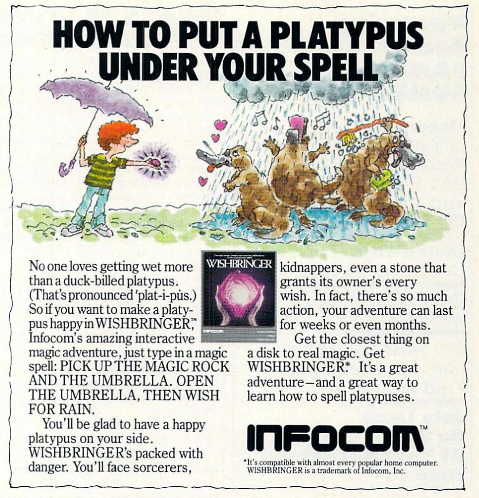 Ad for Wishbringer, an Infocom text adventure computer game