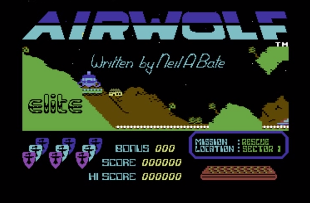 Title screen of Airwolf, a computer game by Elite 1984